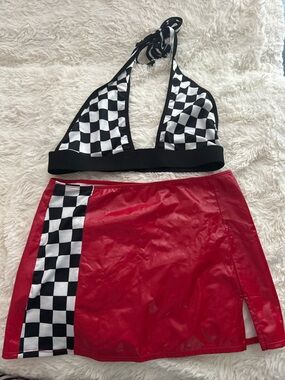 Red Vinyl Skirt with Black & White Checker Trim and Matching Bralette XS/S